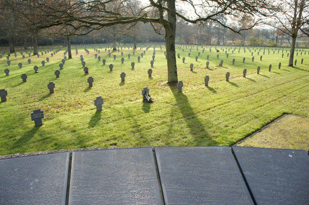 Photograph of Sandweiler German War Cemetery with plaques commemorating the names of more than 4,000 soliders in a mass grave.